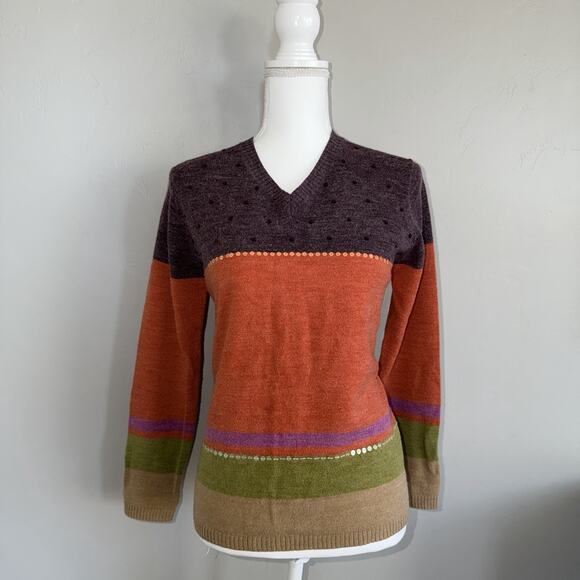 VTG Caribbean Pacific Womans V-neck Sweater Sz S Wool Blend Sequins Autumn Color - Picture 1 of 8